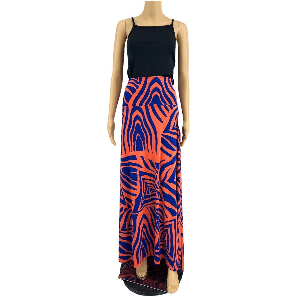 LuLaRoe (M) Maxi Orange Blue Zebra Print Floor Length Skirt Stretchy NWT